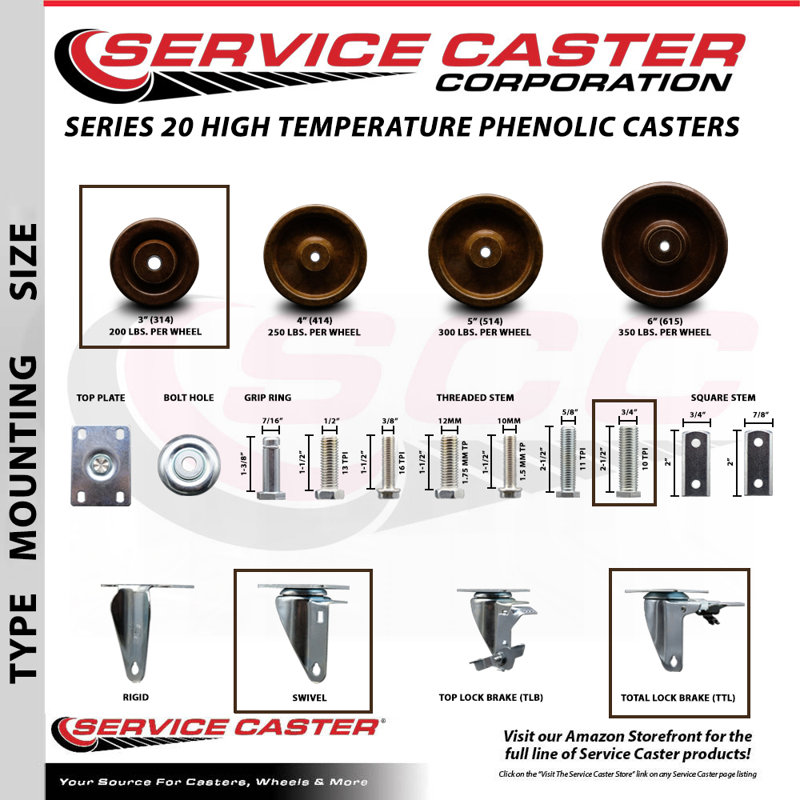 Temp Phenolic 3/4 Inch Stem Caster Set 2 Total Lock Brakes