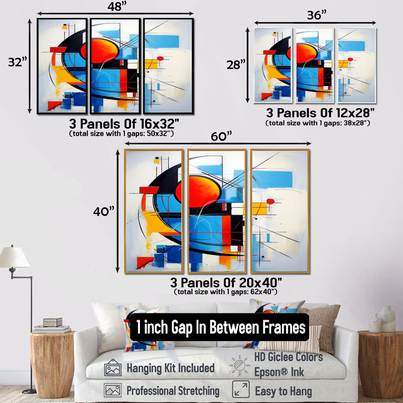 Red Sunset Deconstructed Sky - Geometric Wall Art Decor Set, Gold Floater Framed, 40" H x 60" W x 1" D