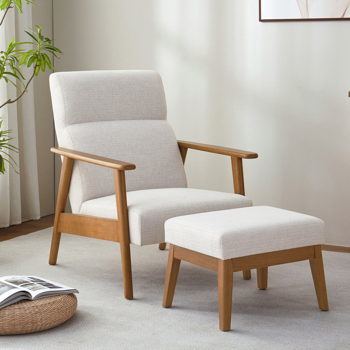 Herrot Modern Upholstered Armchair Solid Wood Accent Chair With Ottoman