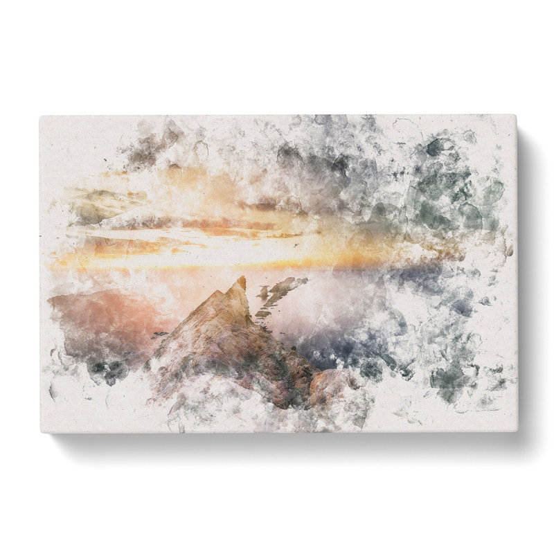 Rocks In The Ocean Watercolour - Wrapped Canvas Print, 60cm H x 91cm W x 3cm D