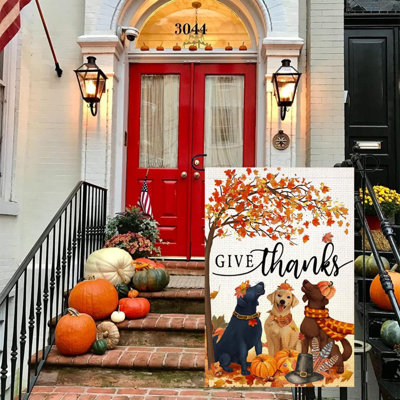 Give Thanks Dogs Thanksgiving Garden Flag 12x18 Inch Double Sided Burlap Autumn Leaves Turkey Harvest Pumpkin Farmhouse Small Thankful Yard Flag for Outside Decoration (Thanksgiving)