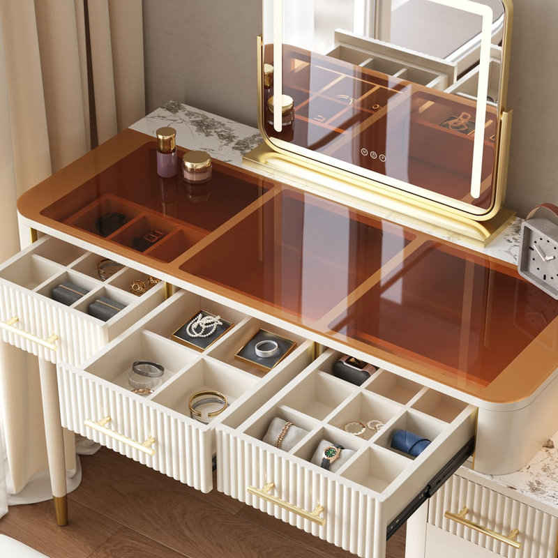 Ensemble coiffeuse et miroir en verre blanc, Blanc