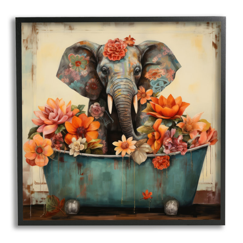 «Rustic Floral Tub Elephant», reproduction de photo sur toile, H 17 po x l 17 po, Giclée encadrée noir minuit