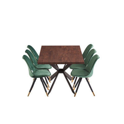 Gunesh 6 Person Dining set - a Rectangular Wooden Dining Table with Metal Legs and a Set of 6 Quilted Velvet Dining Chairs for Dining Room - Modern Dining Table Set