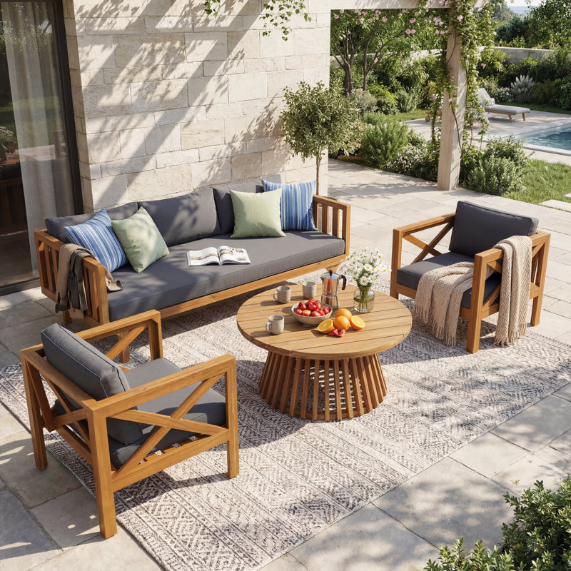 Kincaid Modern Coastal Acacia Wood Outdoor Conversation Set With Club Chairs, 3-Seater Daybed And Round Coffee Table With Water-Repellent Cushions