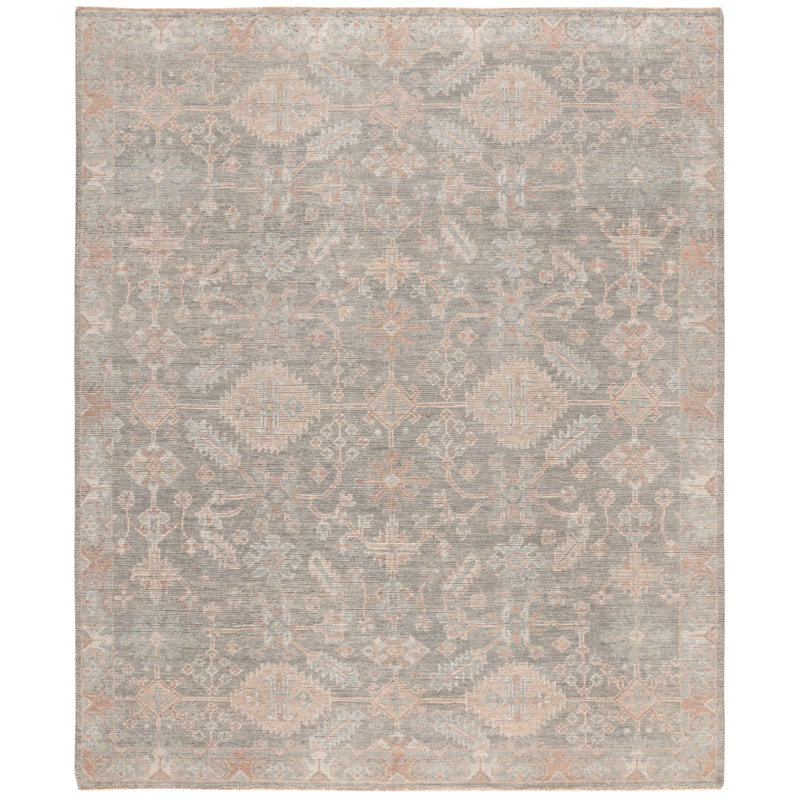 Tapis oriental en laine / viscose noué à la main bleu clair / gris Izmir, Rectangle 10 po x 14 po