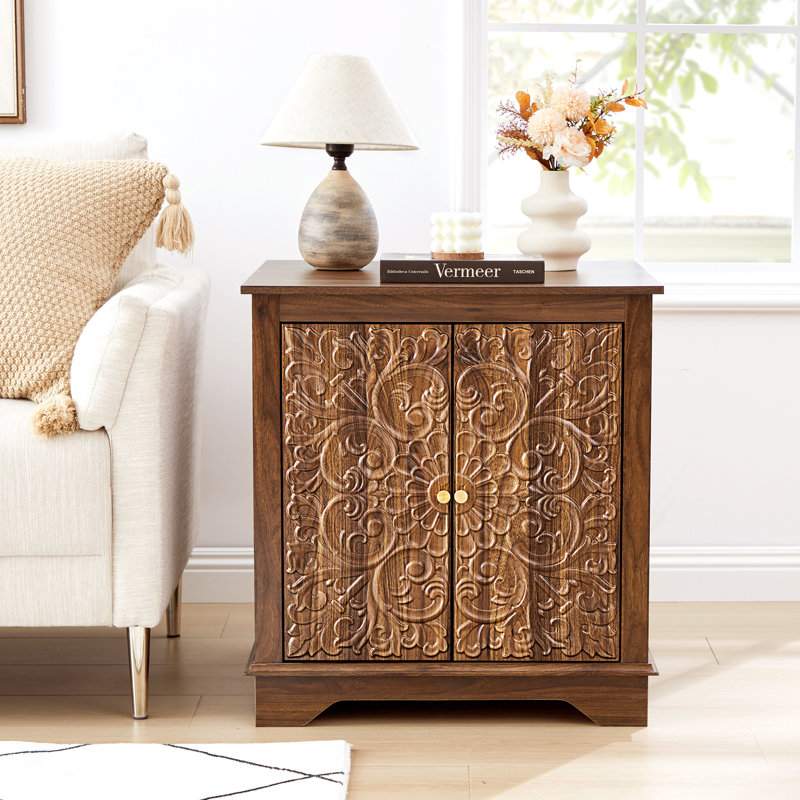 Farmhouse 25.59'' Tall Embossed Side Table Cabinet, Walnut