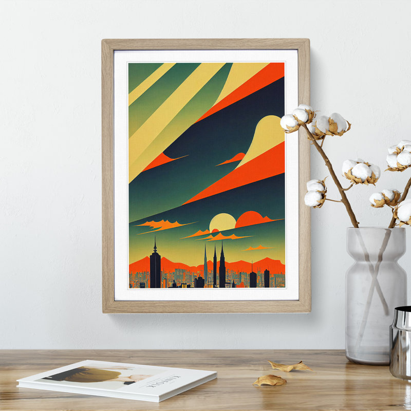 City Skyline Deco No.2 - Framed Print, 64cm H x 46cm W x 2cm D, Oak