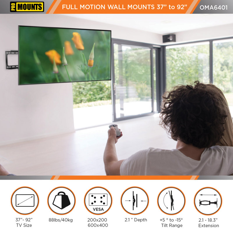 Support mural articulé de qualité supérieure pour écrans de 37 po à 92 po - pivotant, inclinable et extensible, supporte jusqu'à 88 lb, compatible VESA