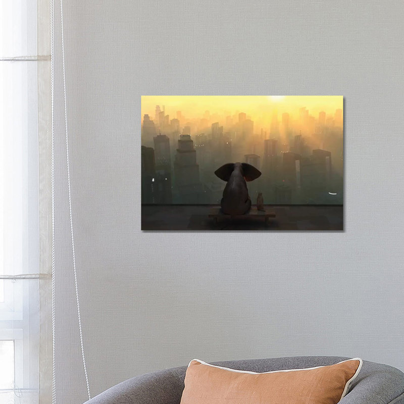 Elephant and Dog Sit on the Roof of a Skyscraper 1 Piece Wrapped Canvas Wall Art, 66.04 cm H x 45.72 cm W x 1.91 cm D