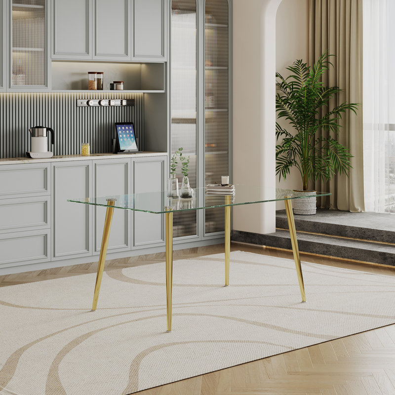 0.32" Thick Tempered Glass Top Dining Table With Gold Legs, 61.67 In Depth, 36.31 Width, 29.8 Height, 85.62 Lb Weight, Contemporary Look, Heat - Tolerant Glass, Stable Structure Support Metal Modern