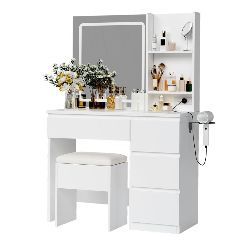 Bureau de maquillage avec miroir lumineux à 3 couleurs DEL, 4 tiroirs et station de charge, ensemble de meuble-lavabo de chambre à coucher avec prises USB / Type-C, tabouret de rangement et tablettes ouvertes