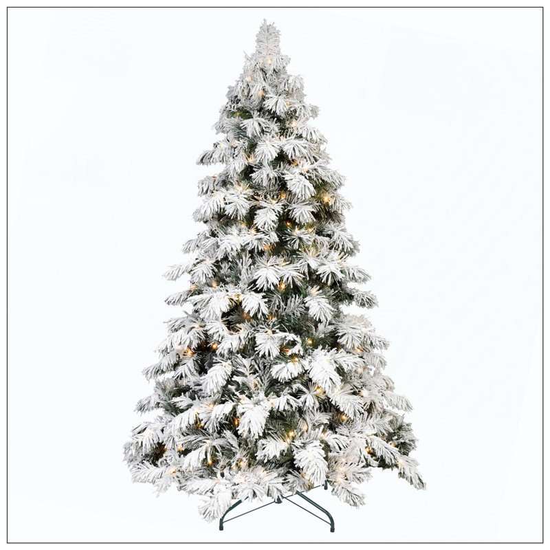 Arbre de Noël en forme d'épouvantail floqué avec 200 lumières DEL blanc chaud, 375 pointes de mémoire en PVC, poteau électrique et structure à charnières - arbre de Noël réaliste enneigé
