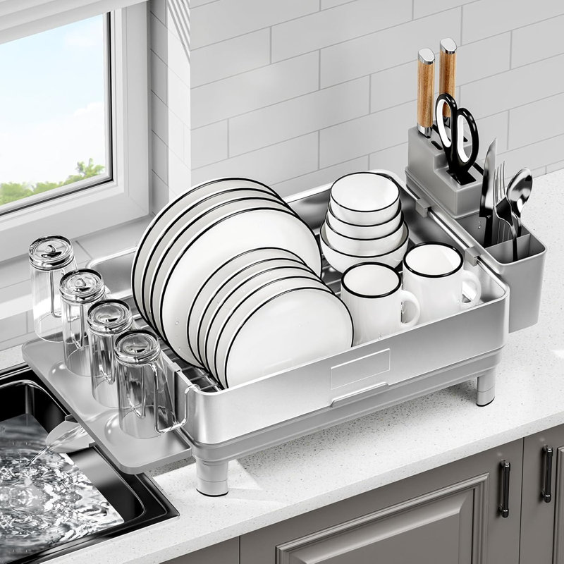 Stainless Steel Dish Rack With Drainage And Utensil Holders For Kitchen Countertops