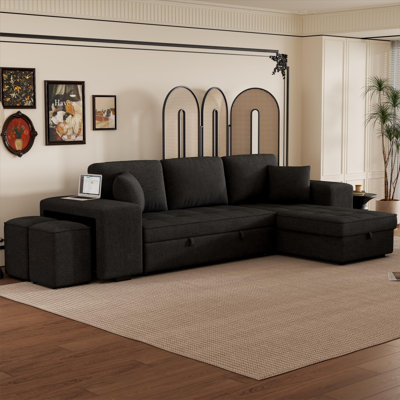 104.5" Modern L-Shape 3 Seat Reversible Sectional Couch, Pull Out Sleeper Sofa With Storage Chaise And 2 Stools For Living Room Furniture Set, Charcoal Grey