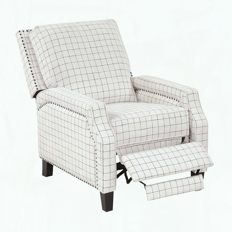 Fauteuil inclinable par pression - Tissu texturé blanc cassé - Garniture cloutée - Pieds en bois apparents
