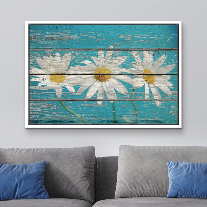 Art rétro sur toile effet fleurs de marguerite rétro sur fond en bois, Cadre flottant blanc, H 16 po x l 24 po x 1,5 po