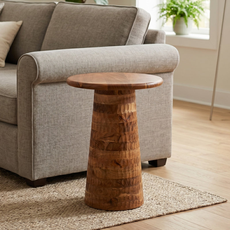 Hand-Carved Solid Wood Accent Round Top End Table, Natural