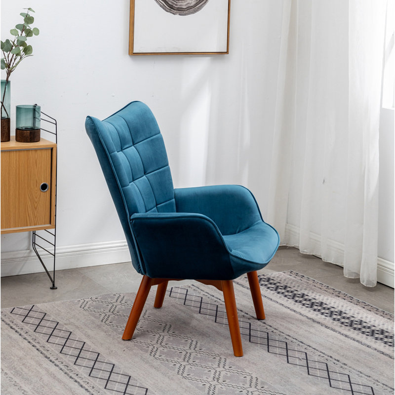 Fauteuil d'appoint contemporain capitonné en velours soyeux avec repose-pieds, bleu