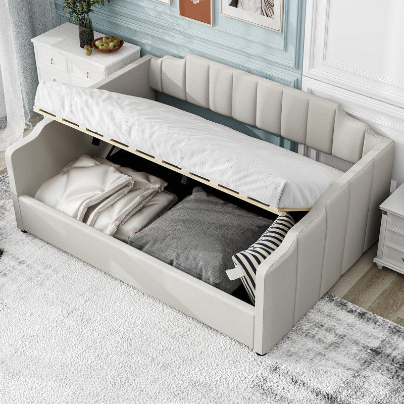 Lit de jour double rembourré avec compartiment de rangement dissimulé sous le lit, Beige