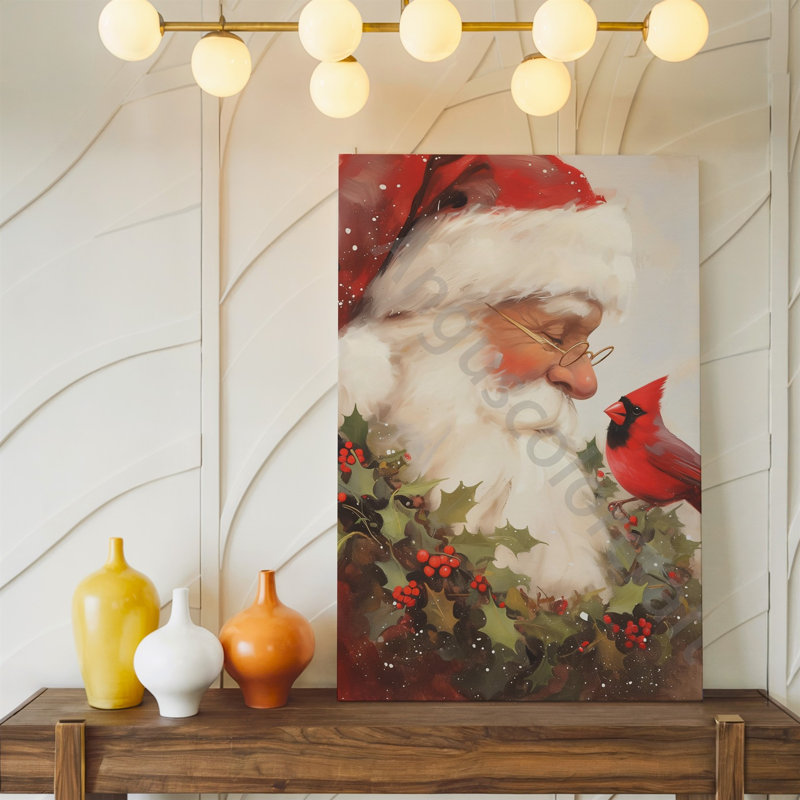 La toile crée une scène festive chaleureuse mettant en vedette une figure joyeuse avec une décoration murale, une barbe blanche moelleuse et un chapeau de père Noël rouge orné d'art mural moderne sur toile