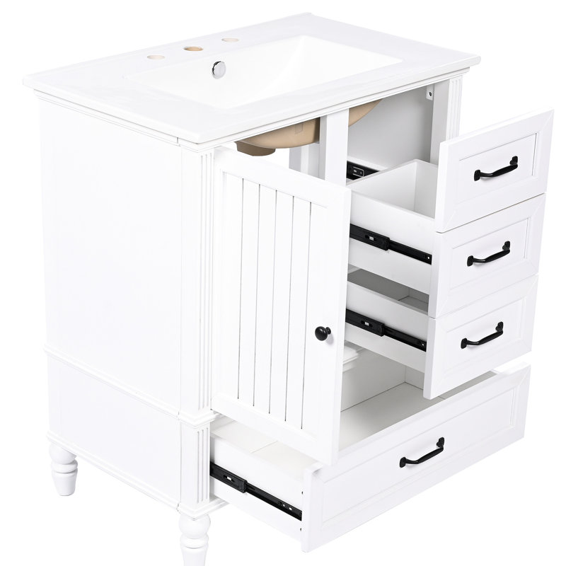 Meuble-lavabo 30 po avec lavabo, 3 tiroirs et poignées en métal, blanc