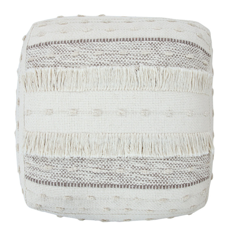 Ivory and Brown Shag Fringe Textured Square Pouf, 18" x 14"