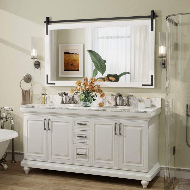 Miroir mural Amara Rustic Farmhouse, 60 po x 36 po; Horizontale, Blanc
