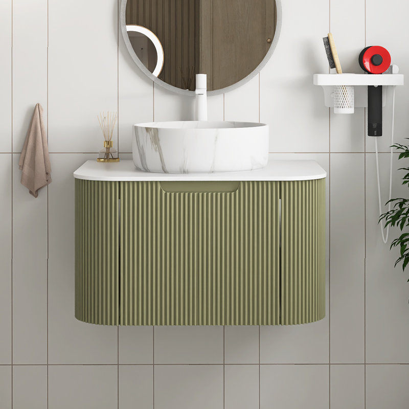 Meuble-lavabo mural avec plateau et tiroir, Vert, Marbre, 24"
