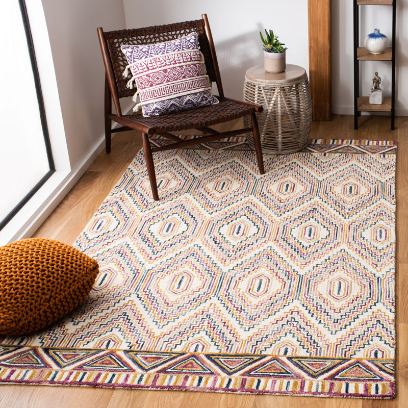 Tapis ivoire / rouille en laine touffetée à la main à motif géométrique Serrato, Rectangle 5 pi x 8 pi