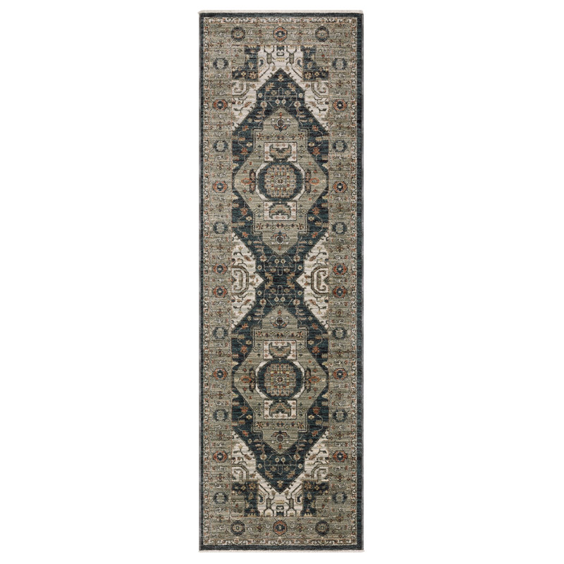 Caia Traditional Center Medallion Blue/ Grey Area Rug, Runner 2'3" x 7'9"