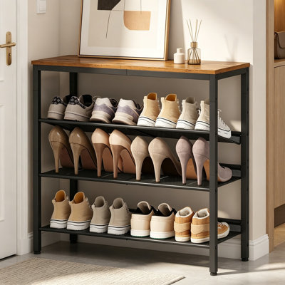 Rangement pour chaussures à 4 niveaux, étagère à chaussures autoportante avec tablettes en mailles denses, structure en acier robuste, style industriel pour le vestibule, le salon, la chambre à coucher, peut contenir 12 à 15 paires de chaussures, brun rustique et noir