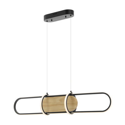 Lustre rond arrondi noir satiné et bois