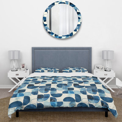 Ensemble de housse de couette blanc et bleu Midcentury Geometric II - Midcentury