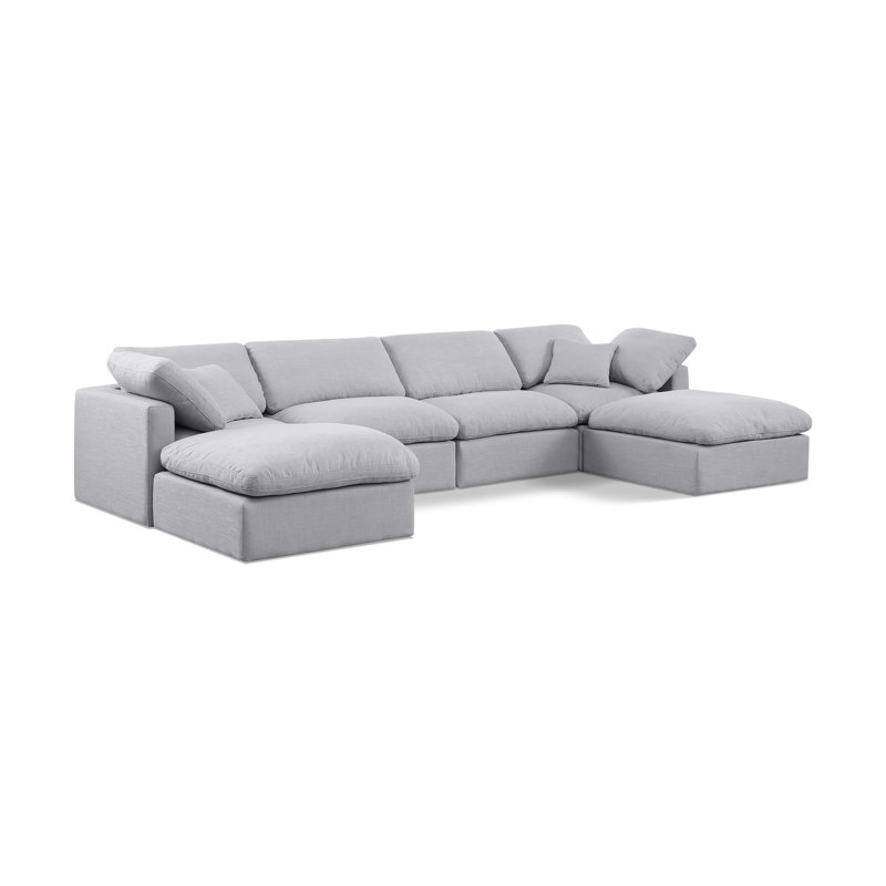 Canapé modulaire en coin 6 pièces Hinami, Tissu gris texturé en lin