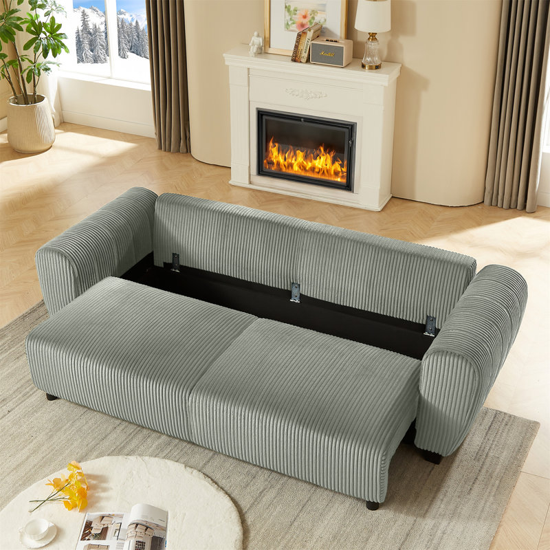 Boneless Corduroy Upholstered 3 Seat Sofa Couch, Light Gray