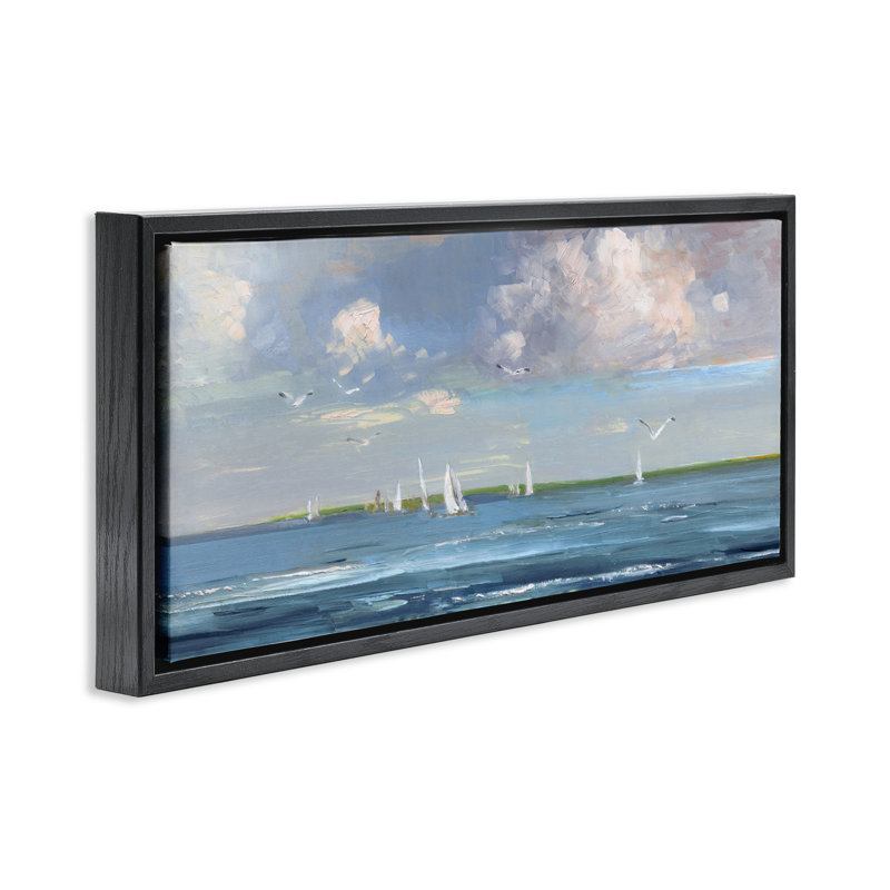 Paysage marin de vaisseaux lointains, Cadre flottant noir de jais, H 11 po x l 25 po