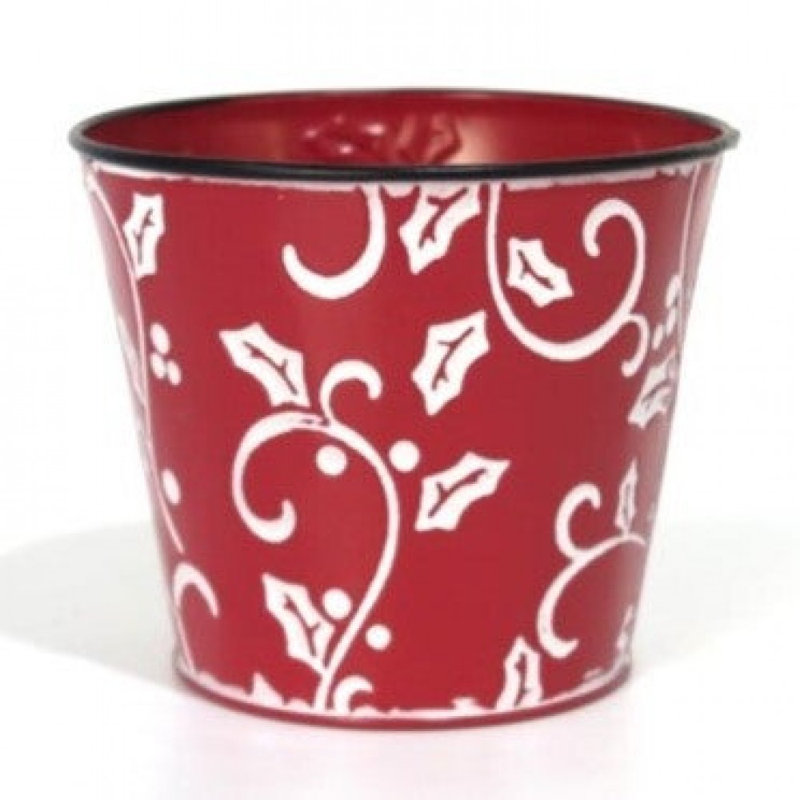 Feuilles de houx en relief sur pot de fleurs en métal rouge, H 4,25 po x l 5 po x P 5 po