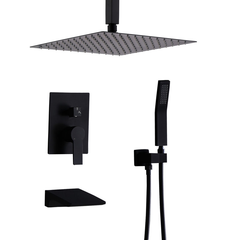 12Inch Shower Apparatus Contraption Construction Kit Assembly, Matte Black, Stainless Steel, With Handheld And Waterfall Tub Spout System & Spout, Wall Mounted