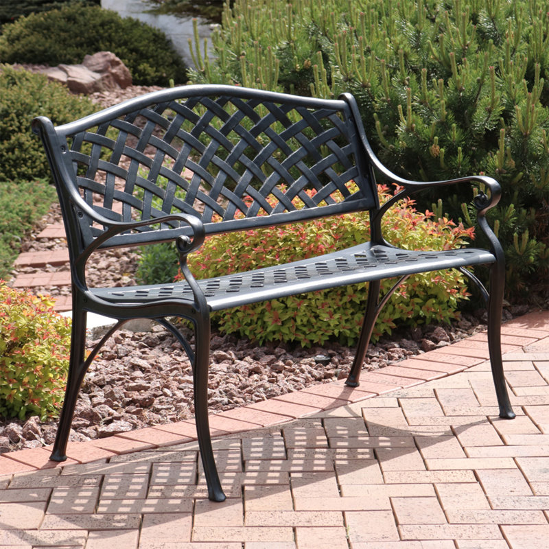 Ismenia Checkered 2-Person Cast Aluminum Garden Bench, Black