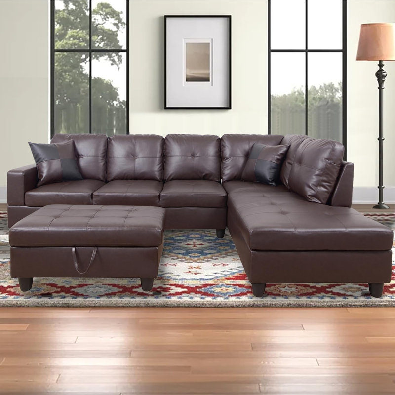 Erynne 3 - Piece L- Shaped Upholstered Living Room Sectional with Storage Ottoman, Right Hand Facing, Brown Faux Leather