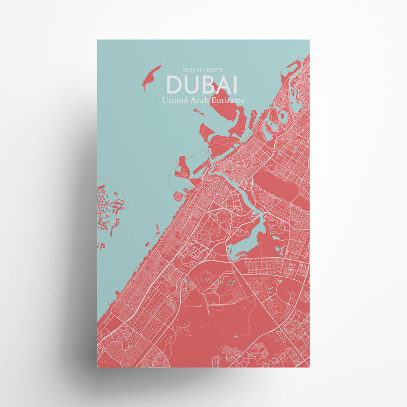 Dubai City Map In Maritime - No Frame Print, 17cm H x 11cm W x 0.05cm D