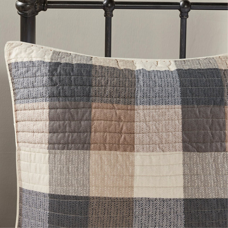 6 Piece Printed Herringbone Quilt Set With Throw Pillows Neutral Full/Queen, Full/Queen Quilt + 5 Additional Pieces, Orange