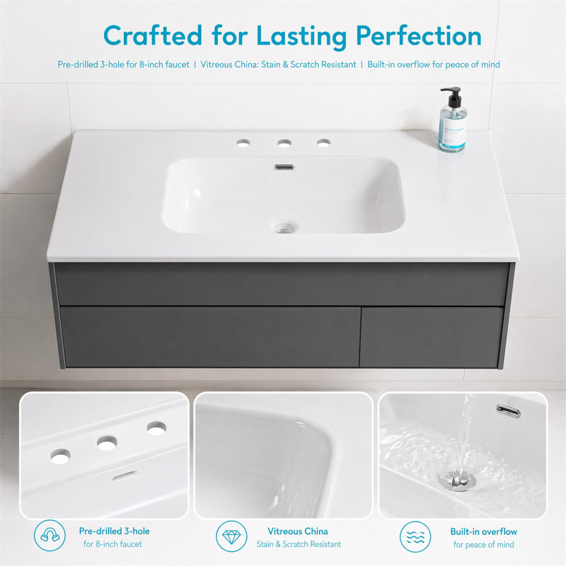 19" x 13" Glossy White Ceramic Drop-In Sink, 3 Holes, No Overflow, Premium Ceramic, Widespread Faucet