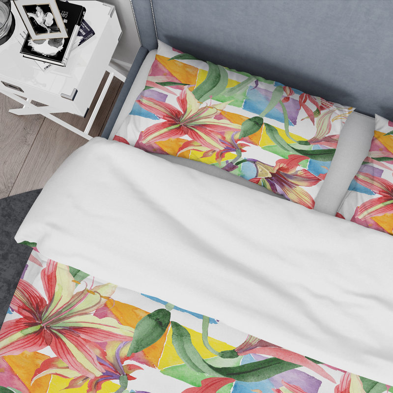 Ensemble de housse de couette à style mid-century à motif floral rétro, Housse de couette double / grand et 2 taies décor
