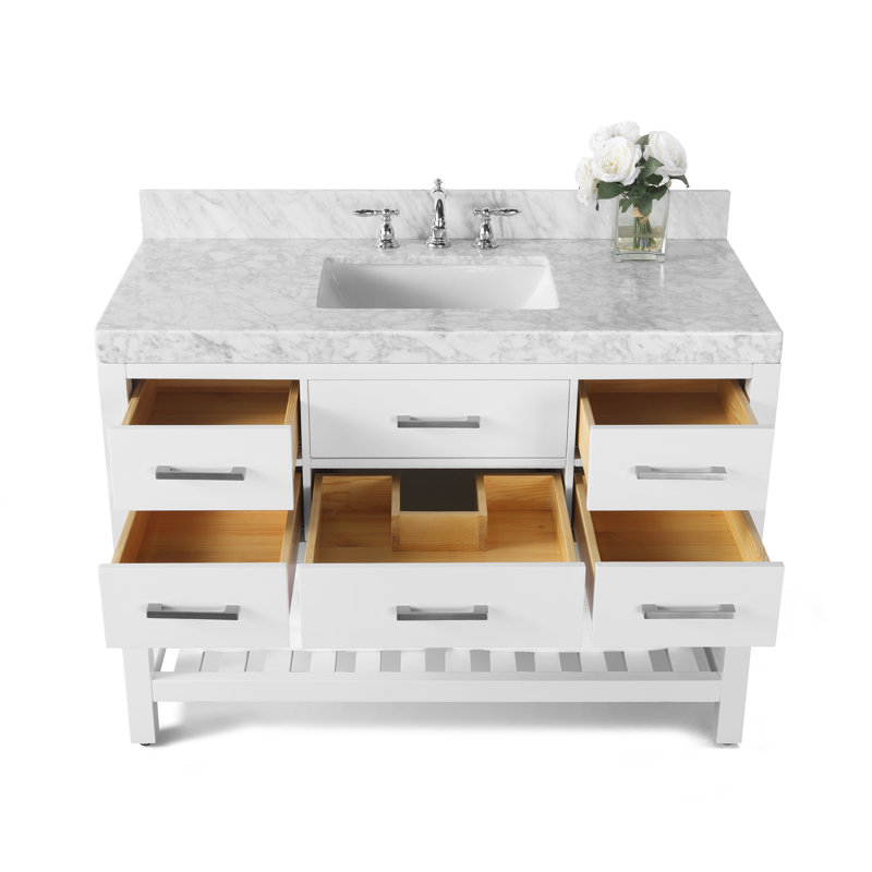 Elizabeth 48'' W Single Vanity, White/Brushed Nickel, Carrara White Marble