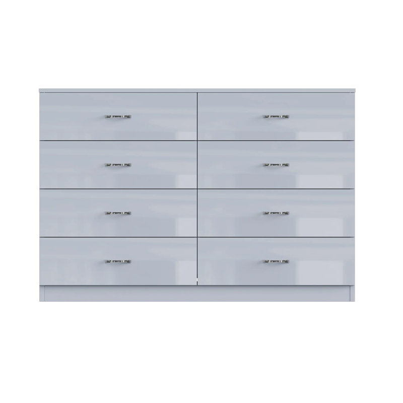 Brendle 8 Drawer Chest: 104cm Wide - High Gloss Front with Chrome Handles, Scratch Resistant, Grey