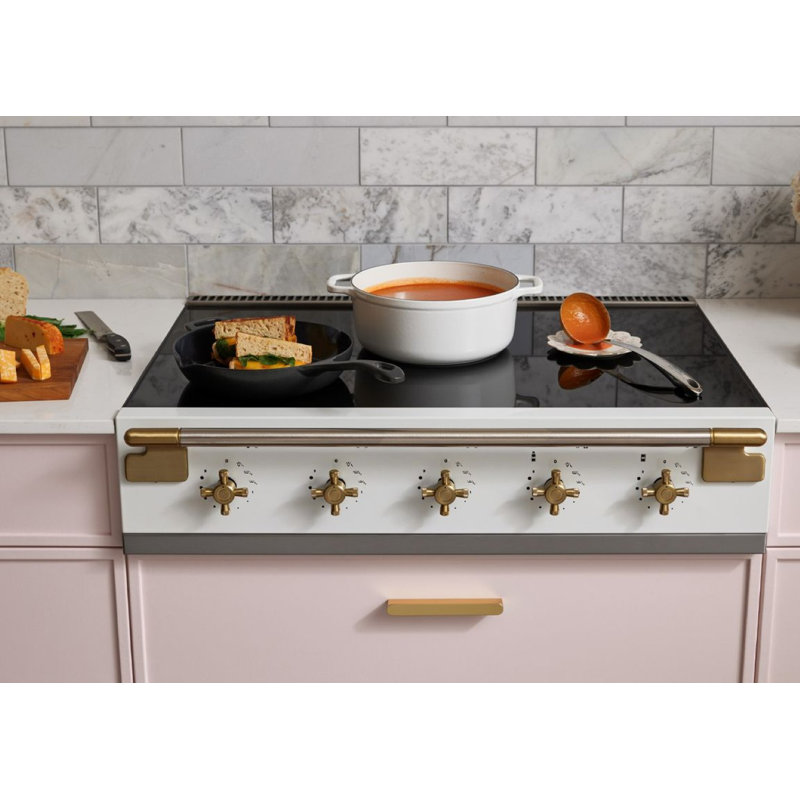 Elise 48" Induction Range Top With Antique Brass Trim, Gloss Black