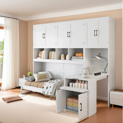 Lit escamotable simple avec placard, tiroirs et bureau