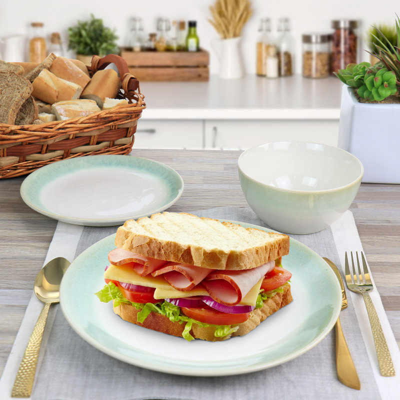 Green and White Ceramic 12-Piece Dinnerware Set, Service for 4